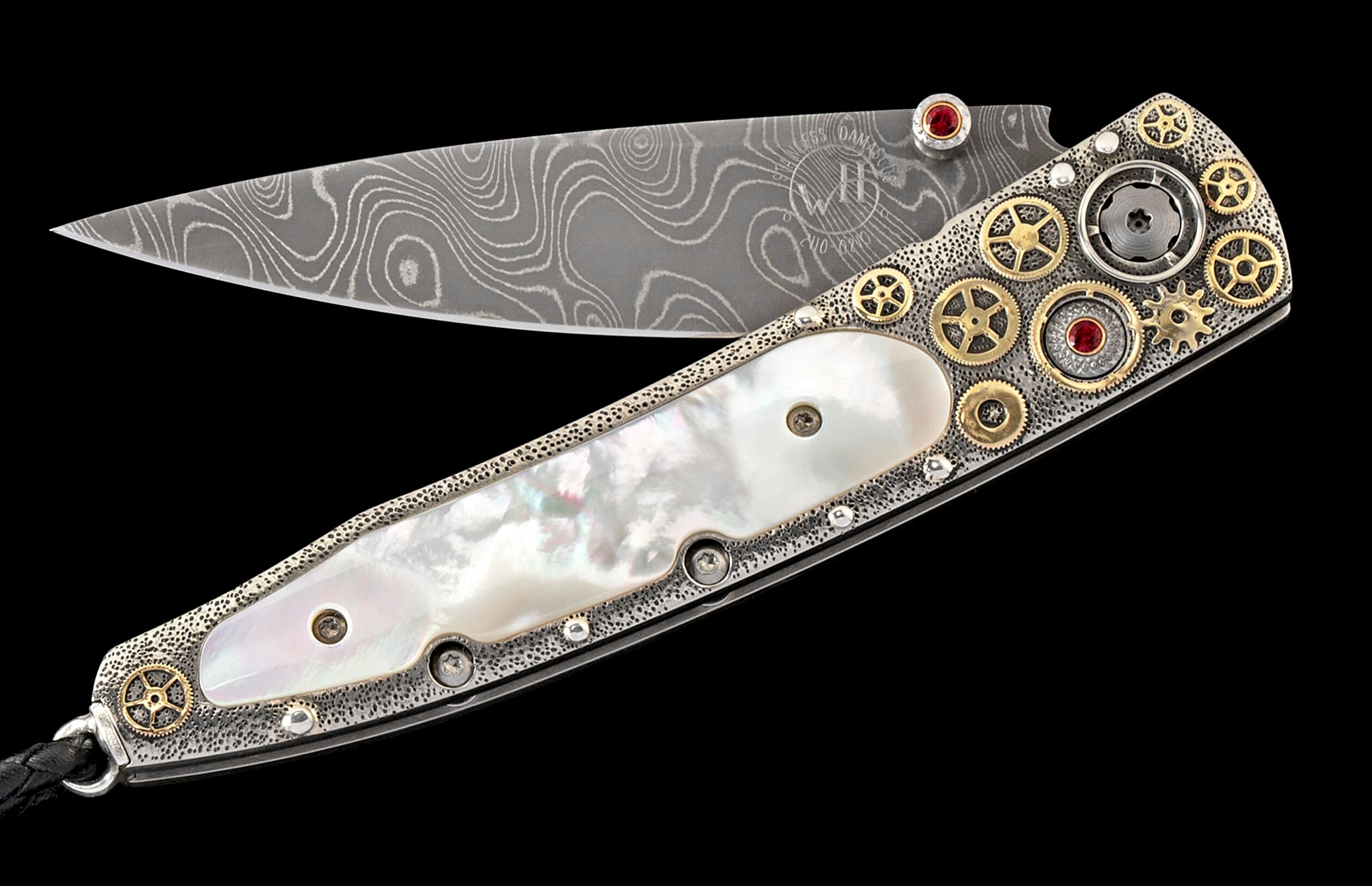 Open folding knife with a swirling Damascus blade, iridescent mother-of-pearl handle, ornate silver with gold gears, and red gemstones.