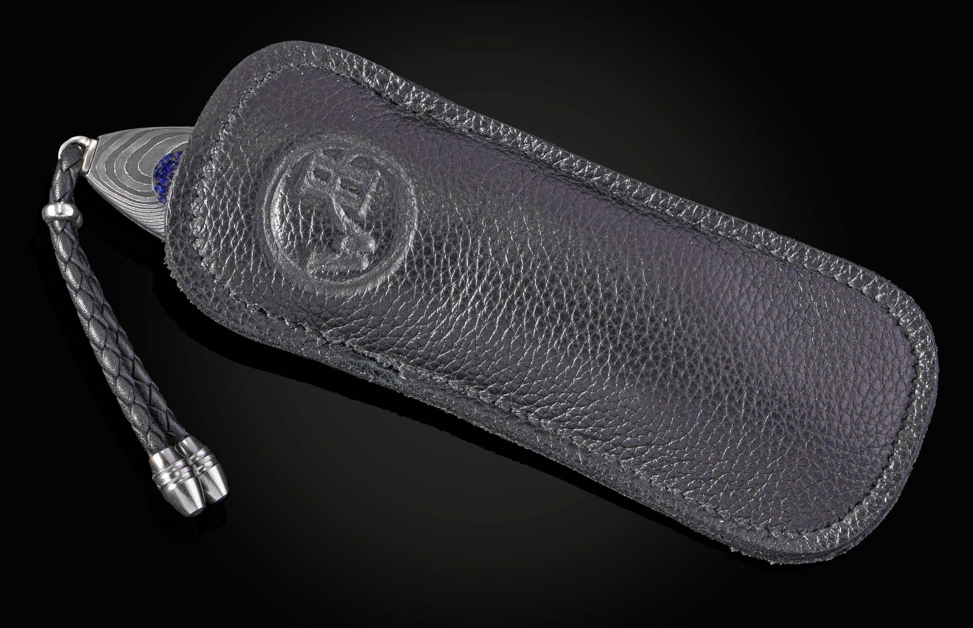 William Henry folding knife with damascus steel and blue lapis lazuli scales in black leather case