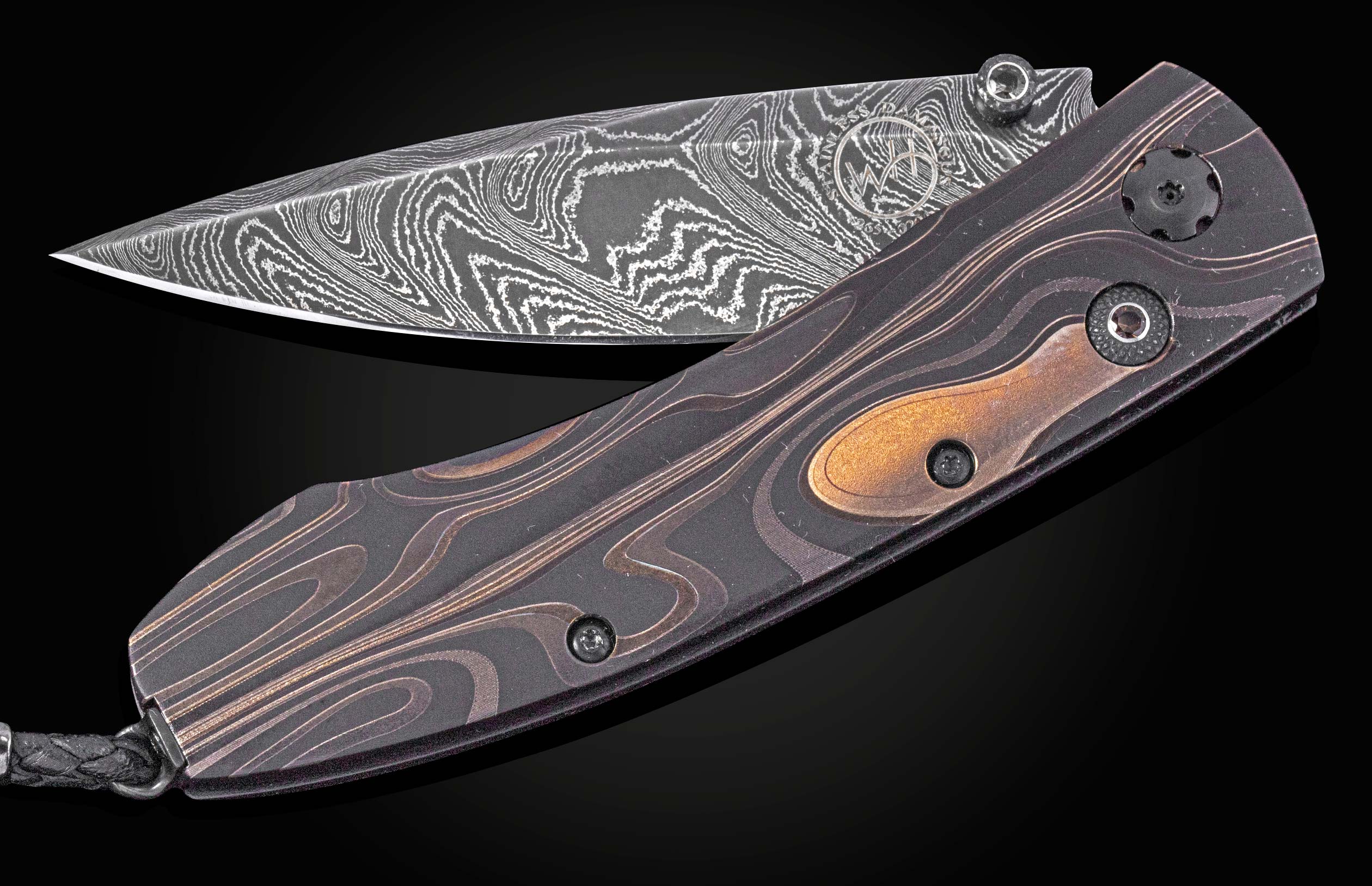 Dark patterned folding knife with wavy damascus blade and dark wood handle by B05, featuring copper inlay and textured screws, side view on black background
