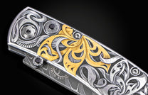 Hand engraved William Henry knife with 24k gold inlays and damascus steel blade