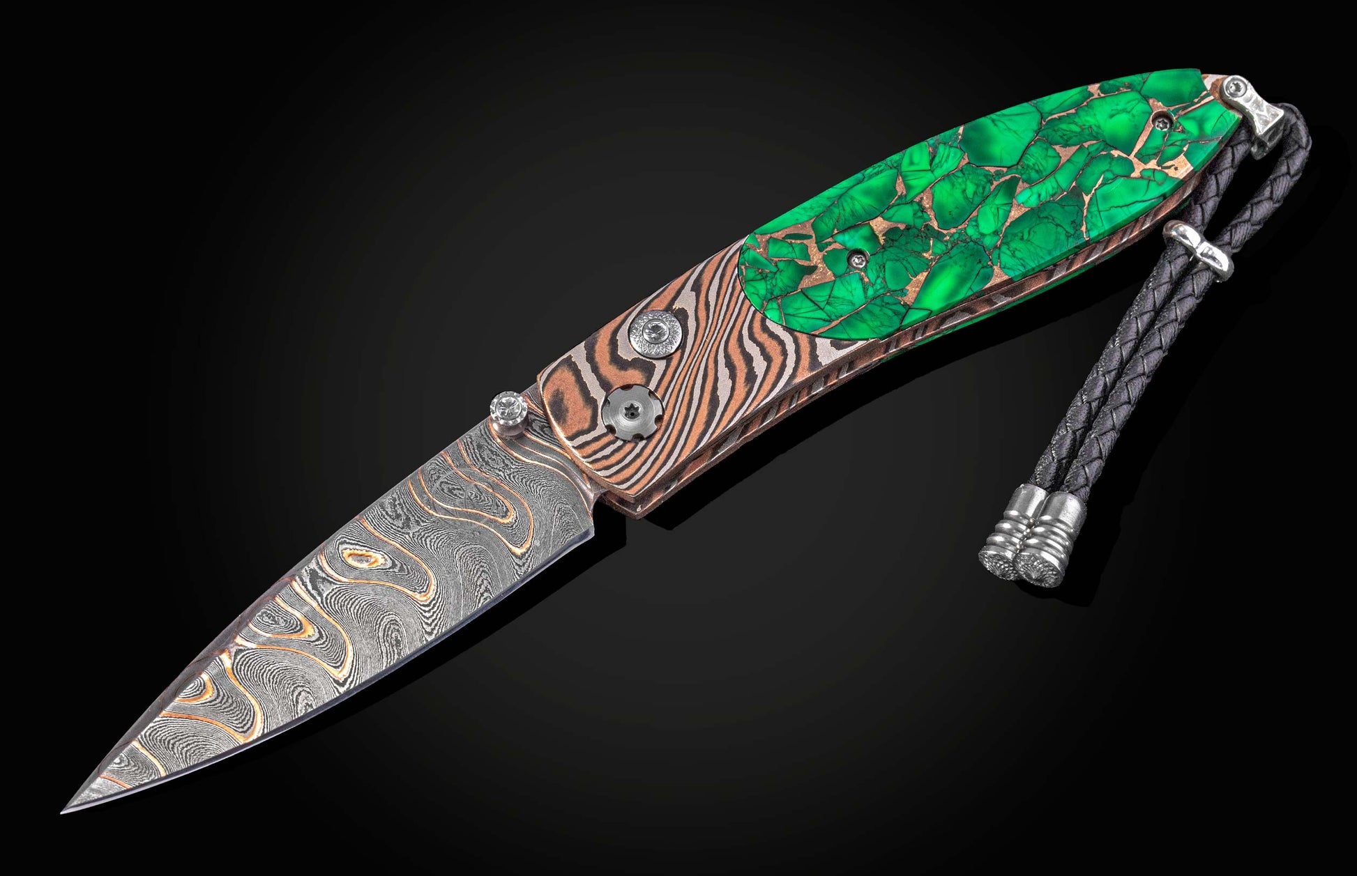 William Henry folding knife with mokume gane, Irish Green Stone, and damacus steel blade