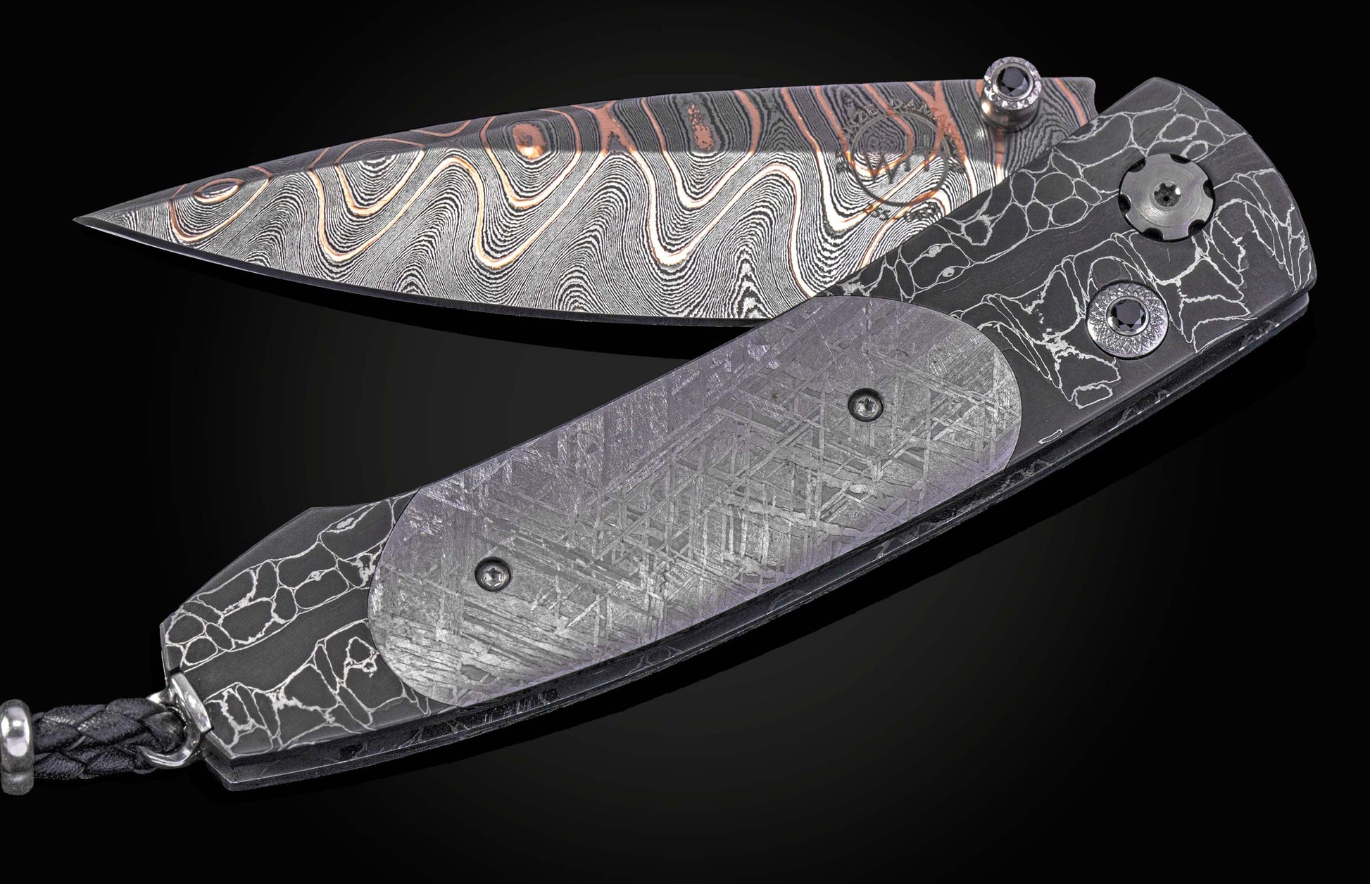 William Henry folding knife with Damascus steel blade  and frame with  Gibeon meteorite scales on a black background