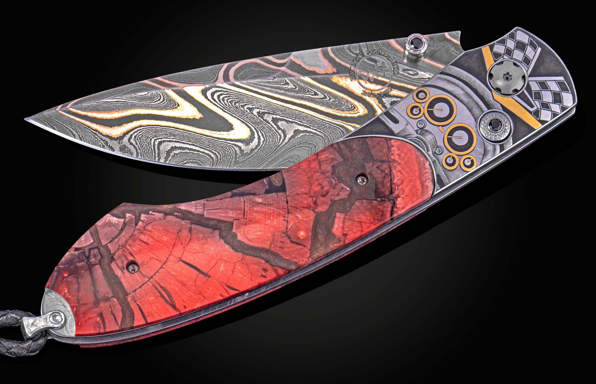 Damascus steel folding knife with a red textured handle and metallic frame engraved with automotive racing motifs.