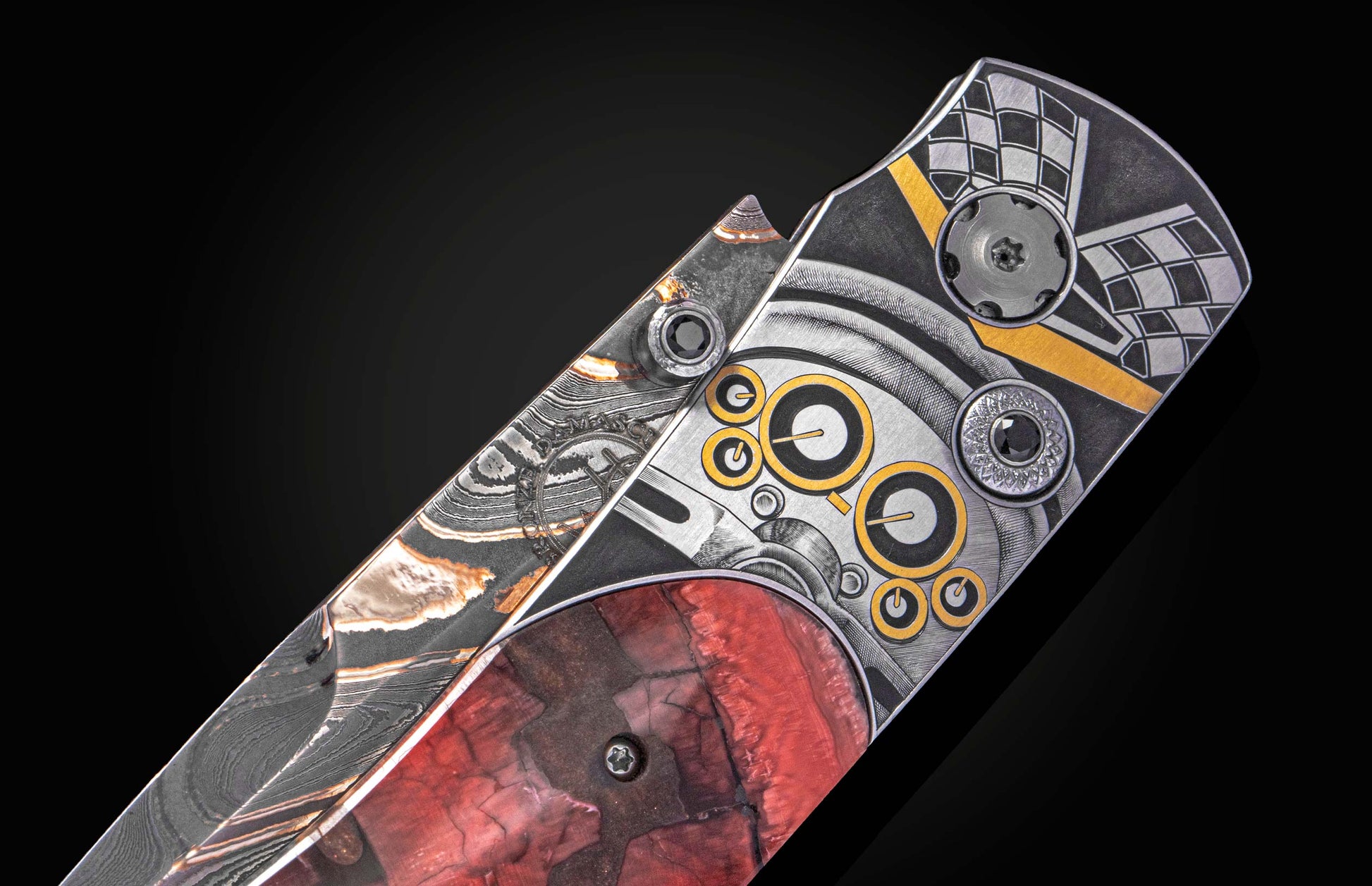 Ornate knife with a Damascus blade, reddish-brown composite handle, and metallic frame featuring gold-accented mechanical designs and a checkered flag pattern.