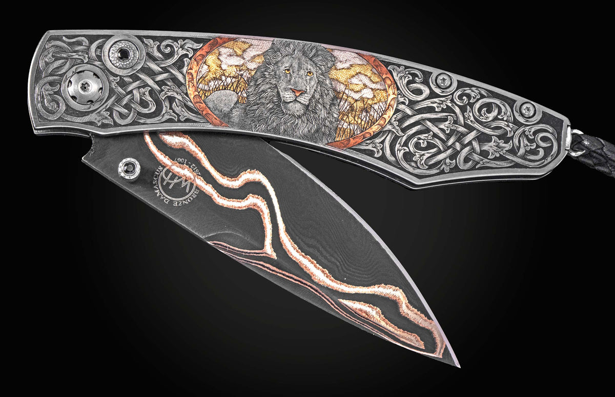 Luxury folding knife with engraved lion and Celtic patterns, by B12, featuring damascus blade with copper inlay, side view on black background
