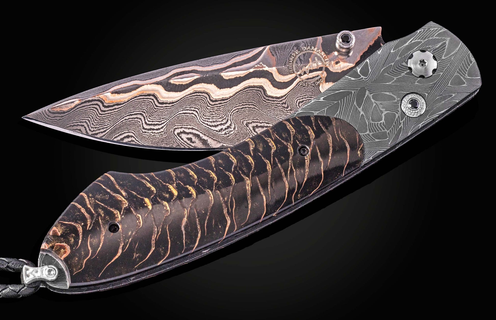 Luxury black forest knife with damascus steel blade and textured handle, by W. R. Case & Sons, featuring intricate wave patterns and polished hardware, side view on dark background