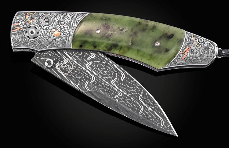 Luxury damascus steel knife with green jade handle and engraved Chinese dragons, by B12, side view on black background