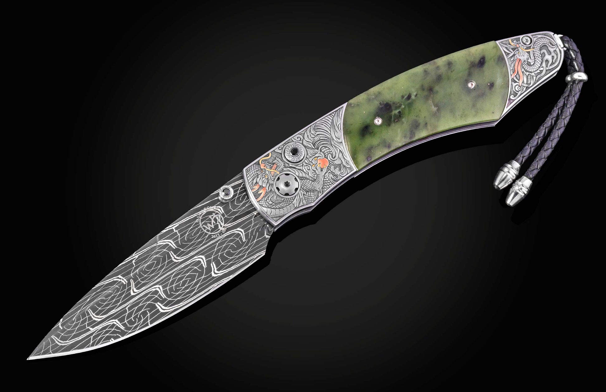 Luxury folding knife with damascus blade and green jade handle, featuring intricate Chinese dragon engravings and silver accents, side view on black background