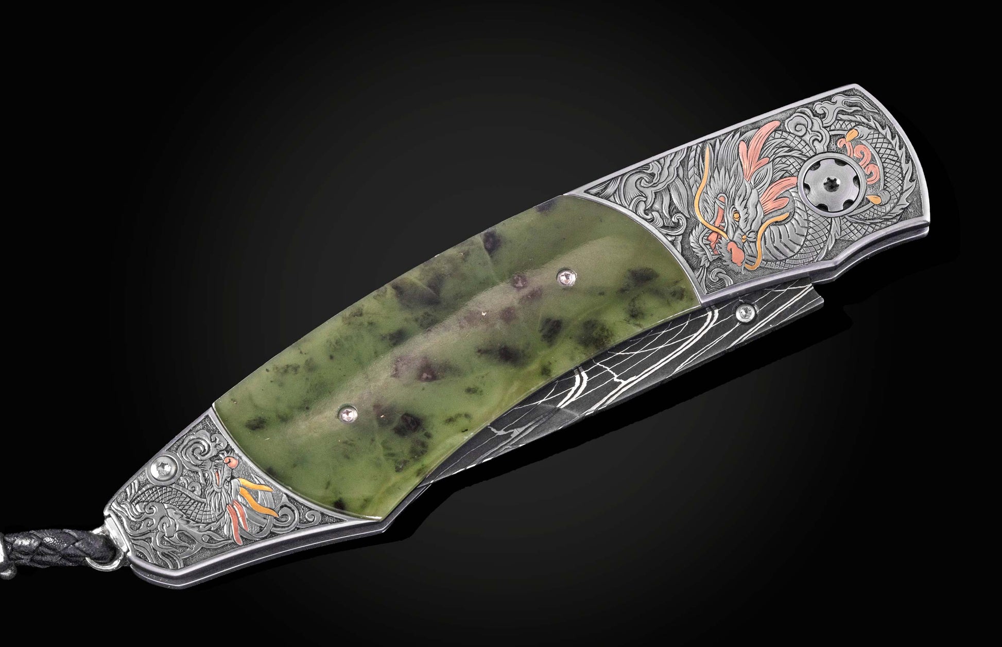 Luxury folding knife with green jade handle and intricate Chinese dragon engravings on silver bolster, side view