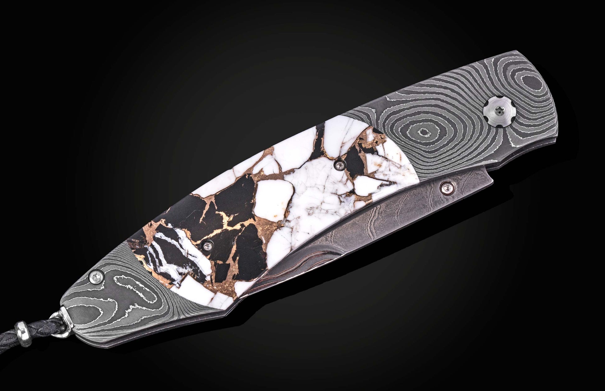 Luxury folding knife with damascus steel blade and white-black marbled handle, by B12, featuring intricate wave patterns and silver hardware, side view on black background