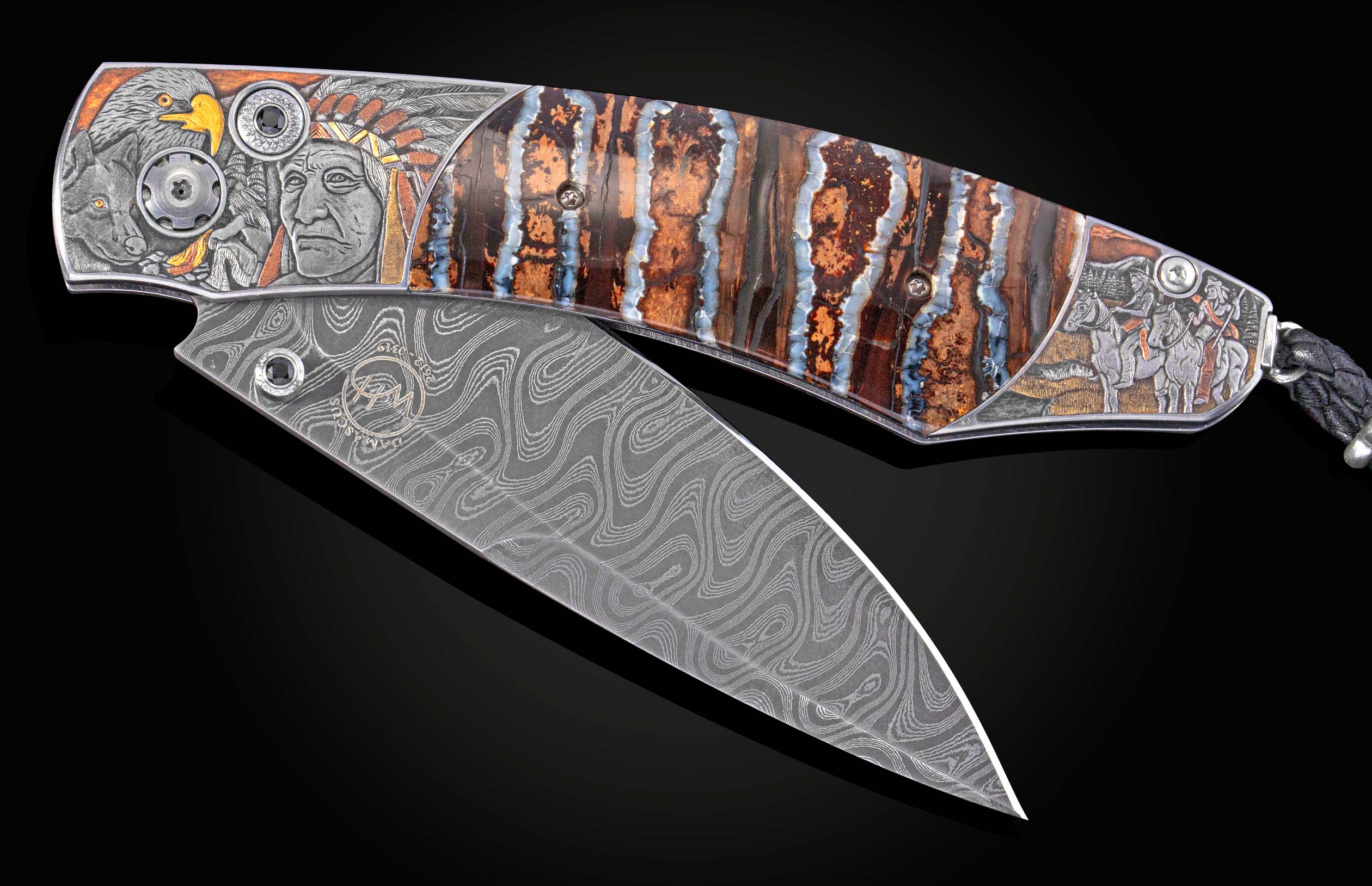 Custom folding knife with a Damascus blade, engraved bolsters featuring Native American themes, and a striped brown and blue handle.