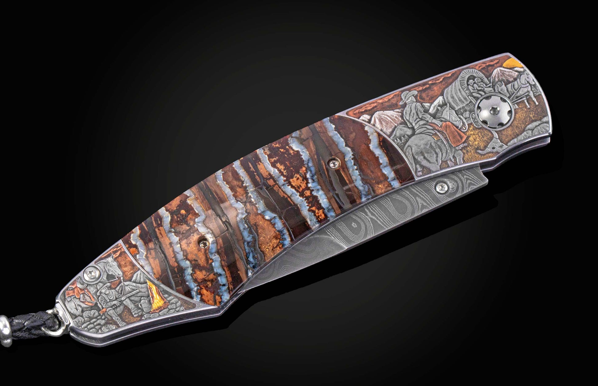 Folding knife with a blue and brown striped fossilized wood handle, etched with Western frontier scenes, and a Damascus steel blade.