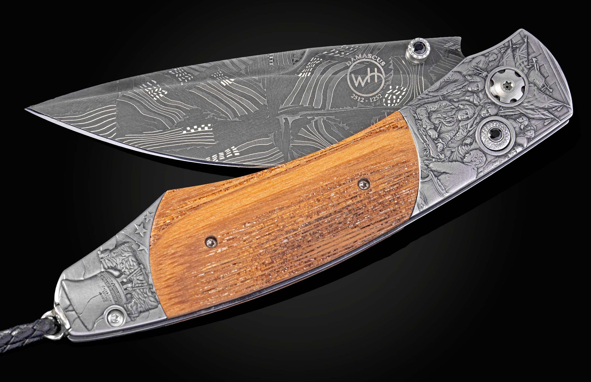 A folding knife with a Damascus steel blade and a brown wooden handle by WH, featuring historical relief engravings on silver bolsters and intricate blade patterns, shown open.