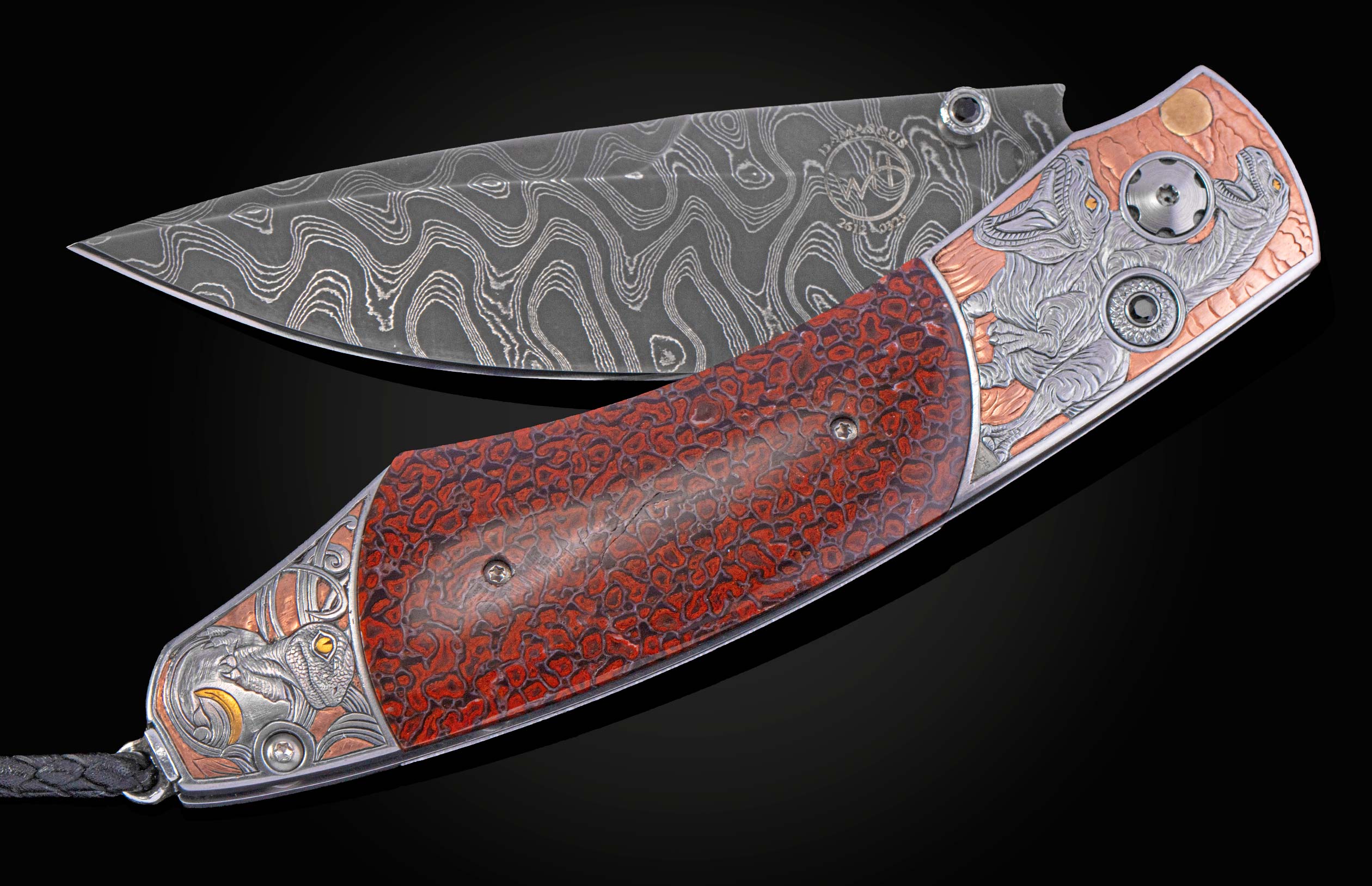 Ornate folding knife with wavy Damascus steel blade and red dinosaur bone handle featuring engraved silver raptor dinosaurs and copper details.
