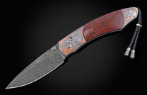 Ornate folding knife with a swirling Damascus steel blade, reddish-brown dinosaur bone scales, and intricate silver and copper engravings of dinosaurs.
