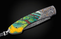 Luxury folding knife with vibrant green-yellow resin handle and intricate steampunk gear design, featuring damascus steel blade and braided lanyard, side view.