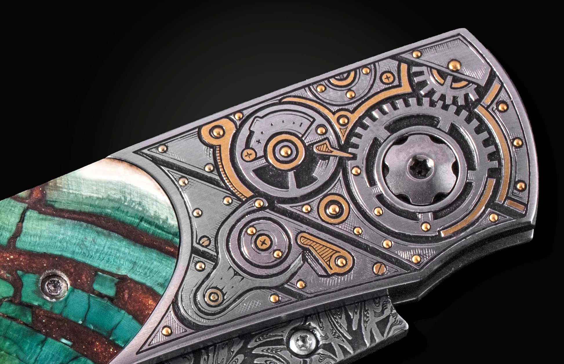 Steampunk-style folding knife with intricate gear design and green marbled handle, side view close-up