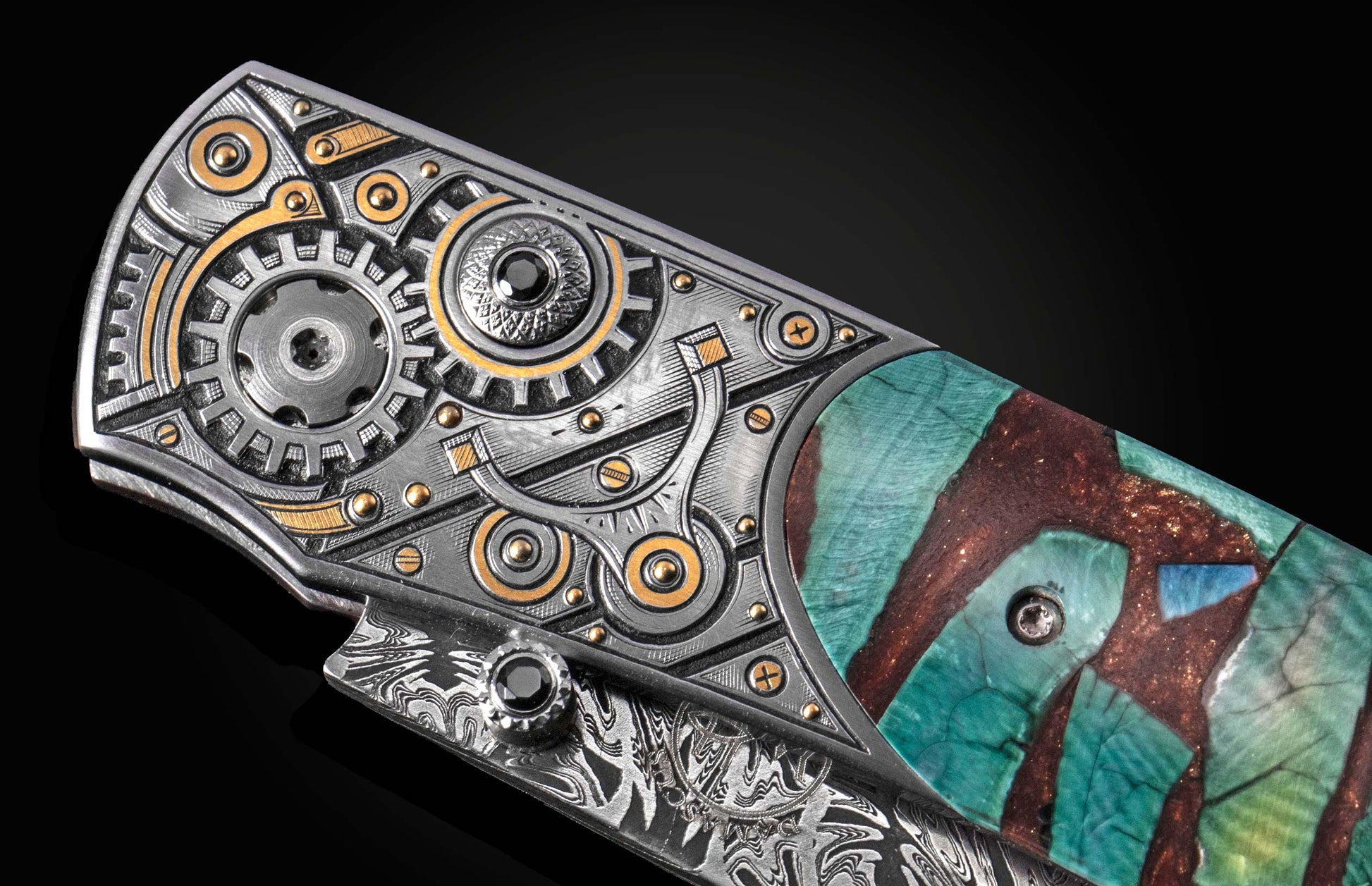 Steampunk-inspired folding knife with intricate gear detailing and turquoise mosaic handle, side view showcasing textured metalwork and gem accents.