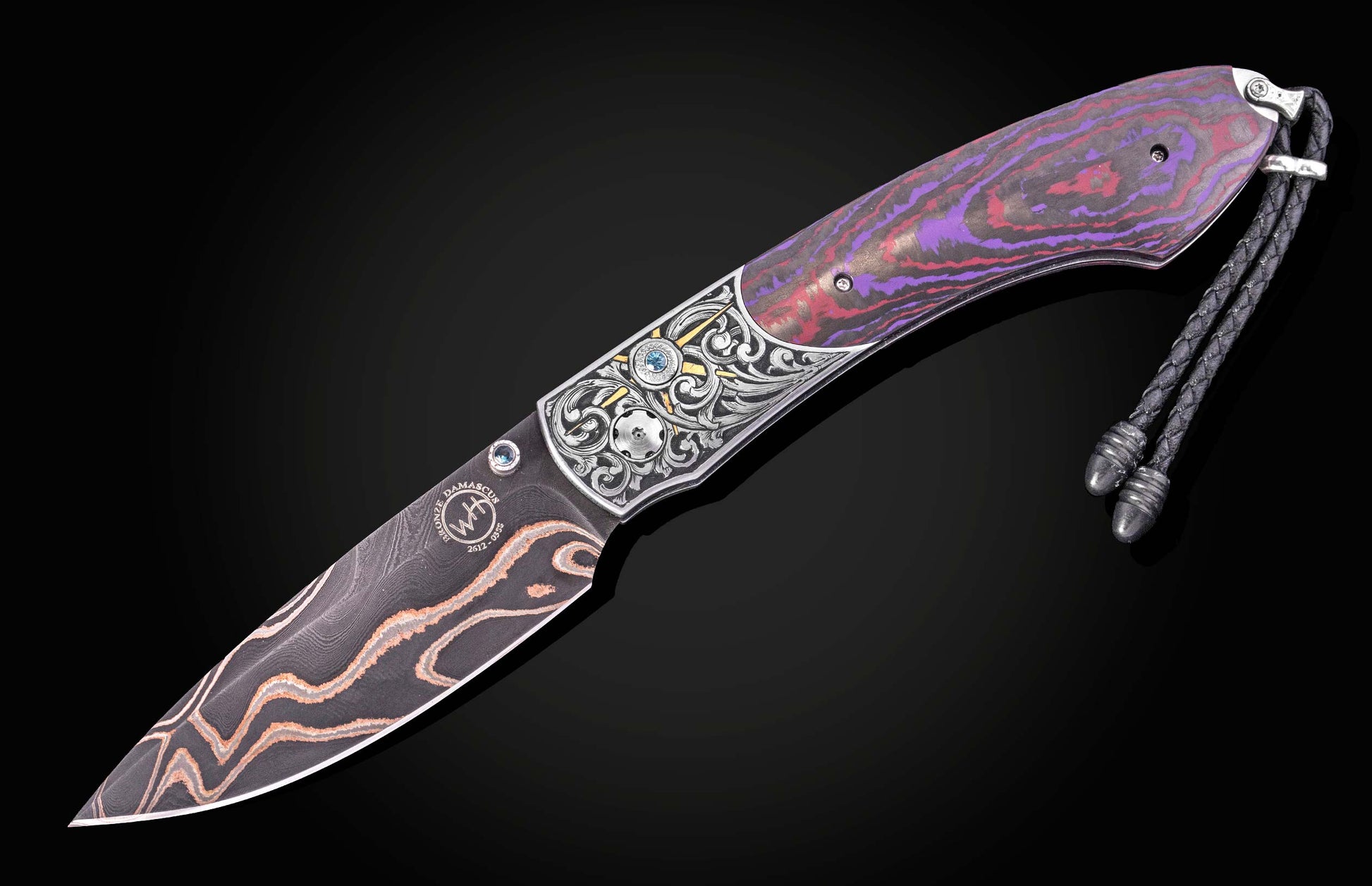 Luxury bronze damascus knife with purple-red marbled handle, intricate silver filigree, and blue gem accents, by B12 MORNINGSTAR, side view on black background