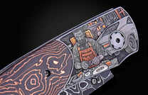 Folding knife with Damascus steel blade and hand engravings on a black background