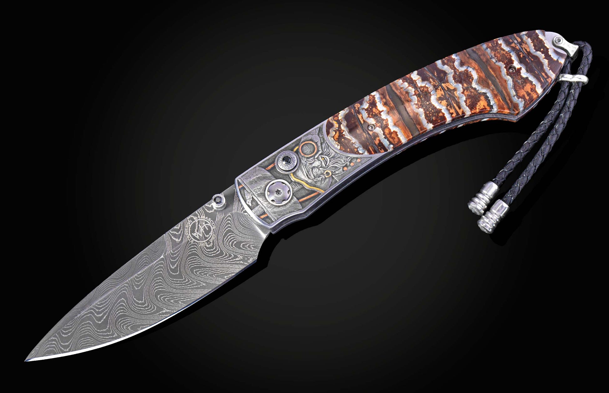 Hand engraved knife depicting pirates with fossil mammoth tooth handle and damascus blade shown open