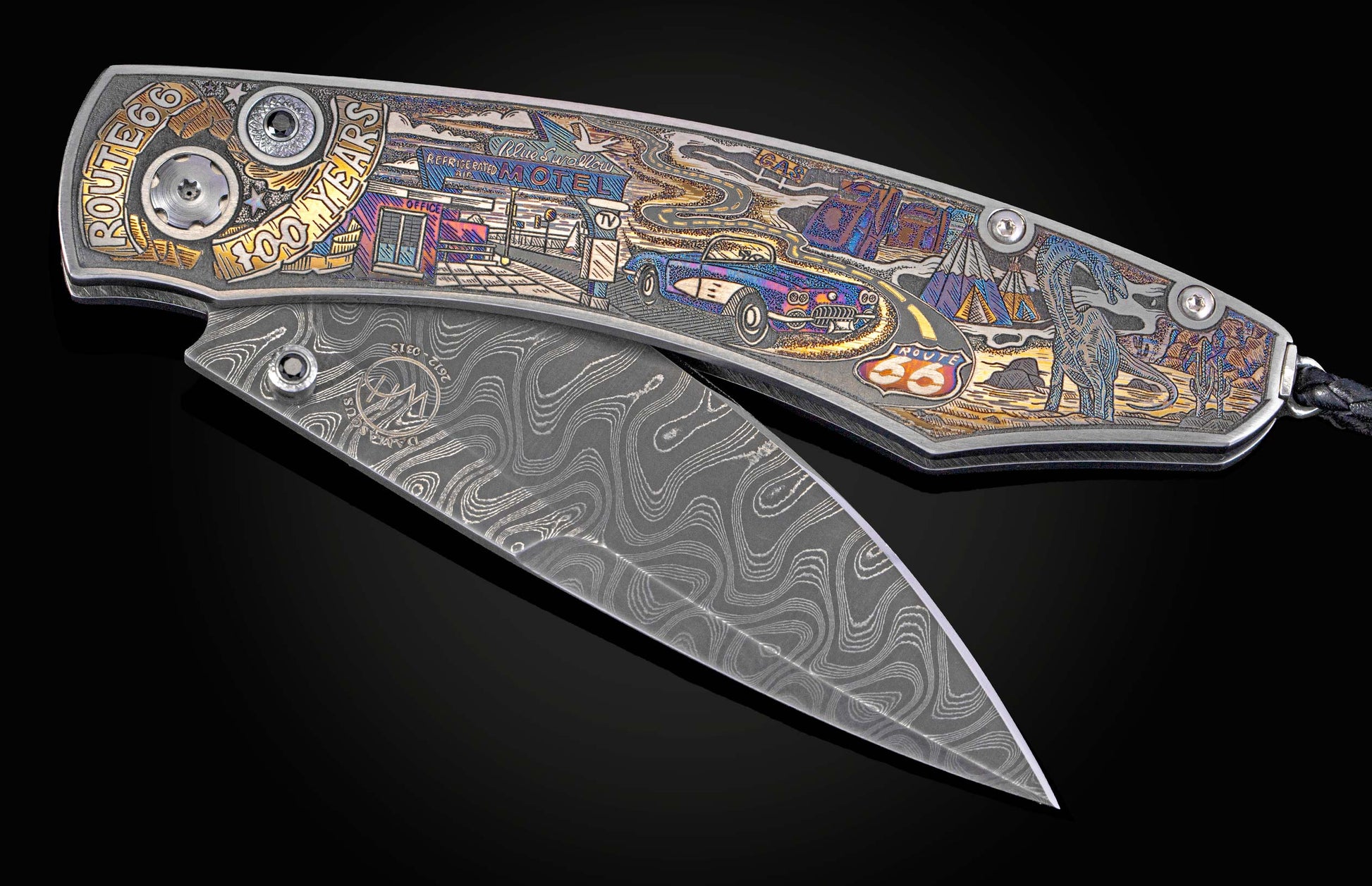 Folding knife with a Damascus blade and an engraved handle commemorating Route 66's 100 Years, featuring a colorful road scene.