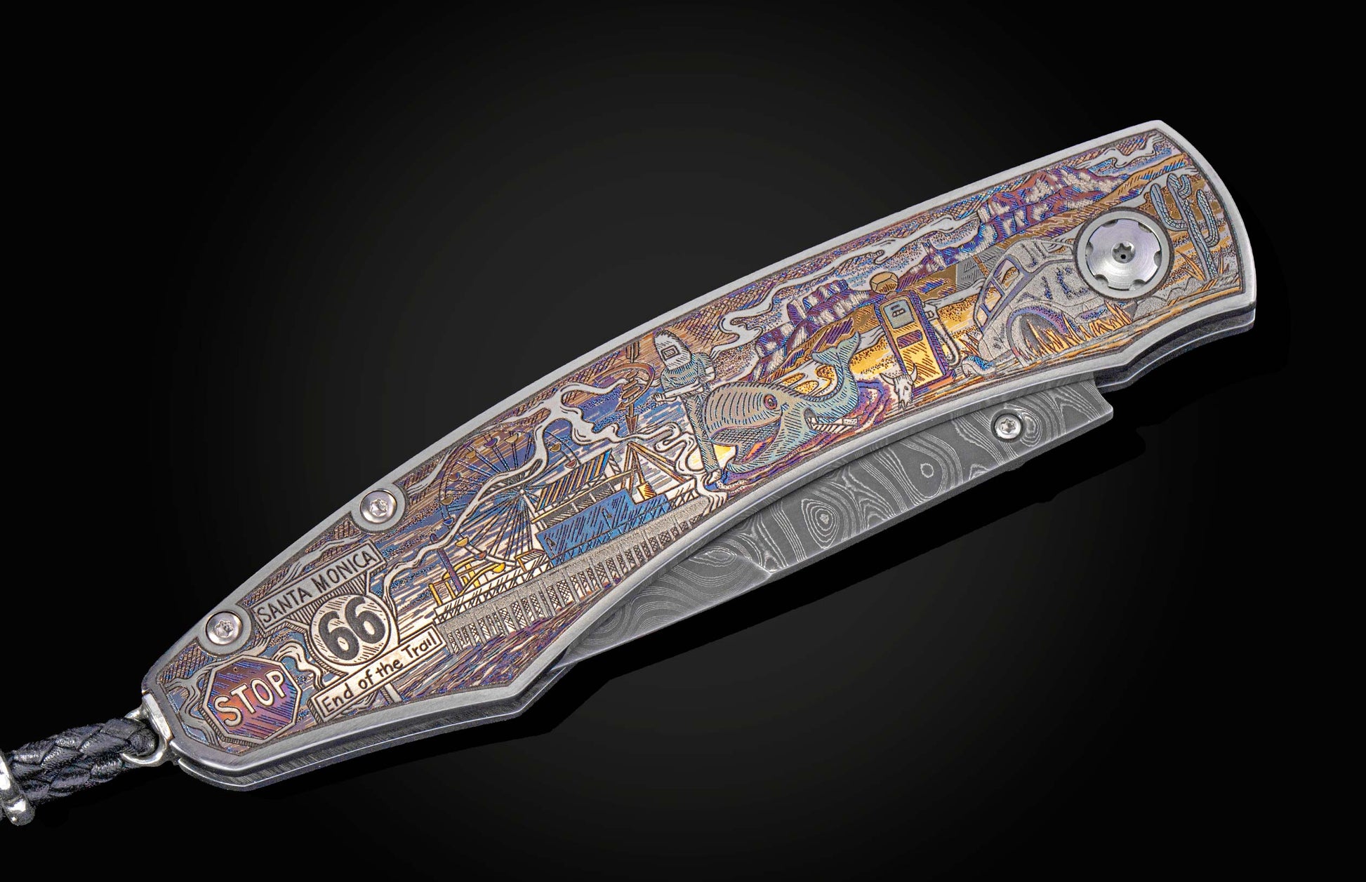 Intricately engraved knife with iridescent Route 66 scene, featuring Santa Monica Pier, '66 End of the Trail' sign, Damascus blade, and braided lanyard.