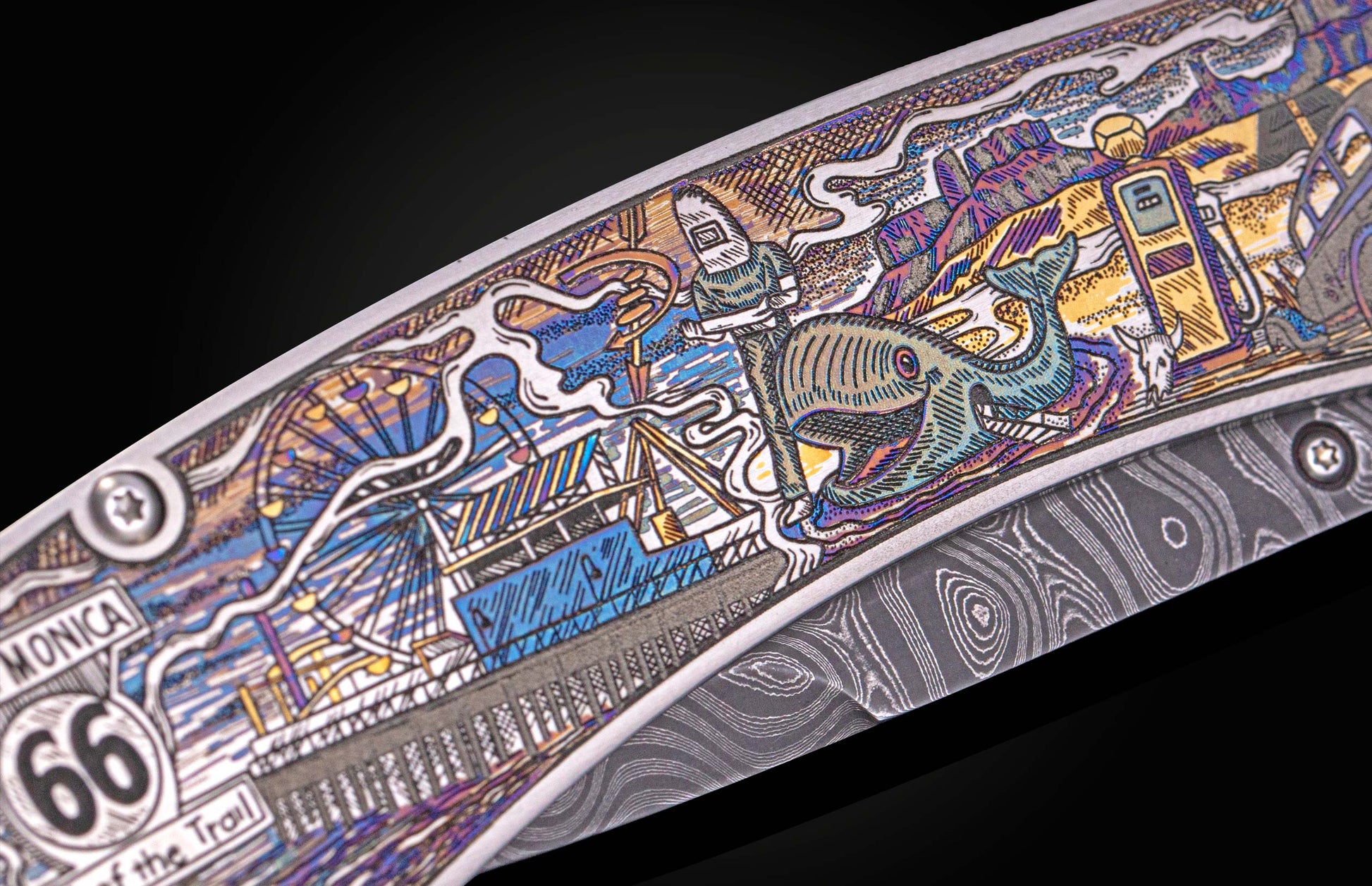 Knife with colorful handle showing Route 66 landmarks like a Ferris wheel and whale, alongside a Damascus steel blade.