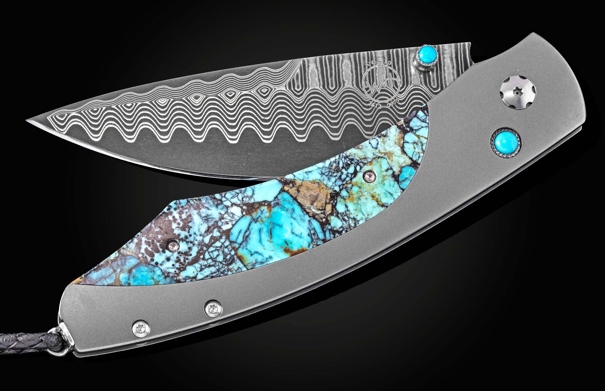 Damascus steel folding knife with turquoise inlay and wave pattern blade, by B12, featuring brushed titanium handle and gemstone accents, side view on black background