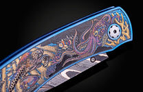 Color laser engraved William Henry Knife with damascus steel blade showing sea life