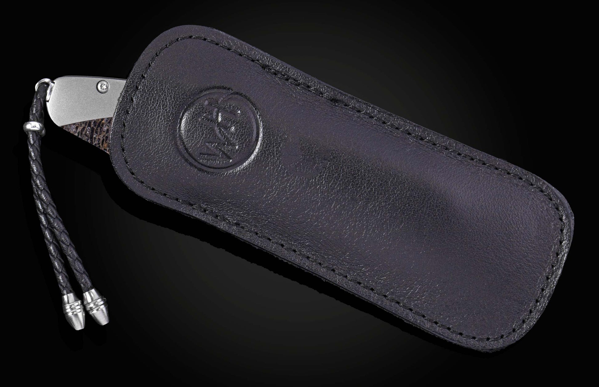 Dark leather-sheathed knife with an embossed logo, revealing a metallic grip and textured fossil handle, plus a braided lanyard.