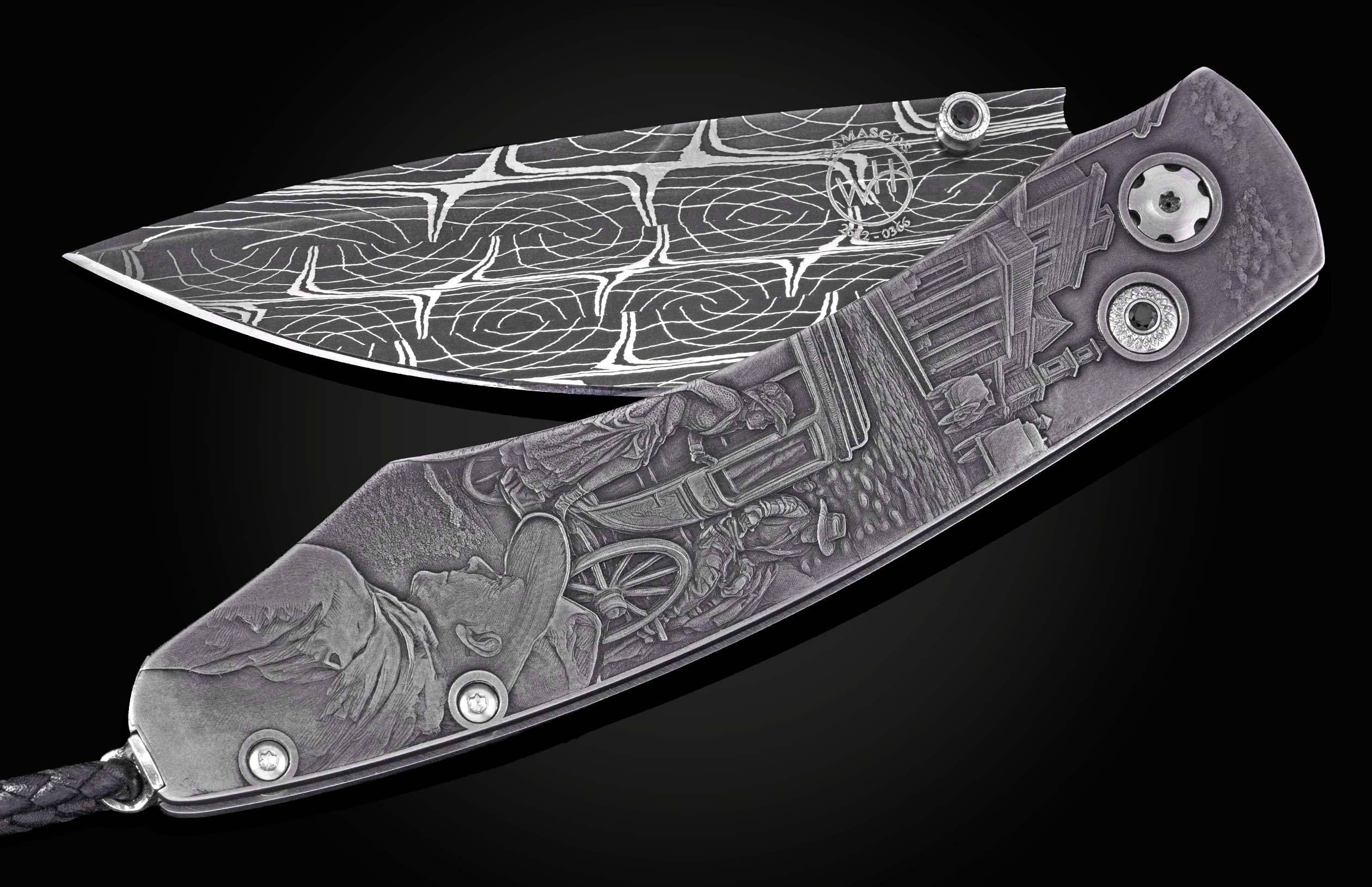 Metal folding knife with a swirling patterned Damascus blade marked 'WH' and an intricately engraved handle depicting an Old West town scene.