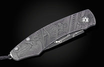 Silver-toned folding knife with an intricately engraved handle depicting a Western saloon and a patterned Damascus blade.