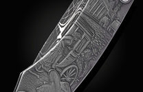 Knife with intricate Western-themed engraving of a stagecoach scene and a Damascus steel pattern on the blade.