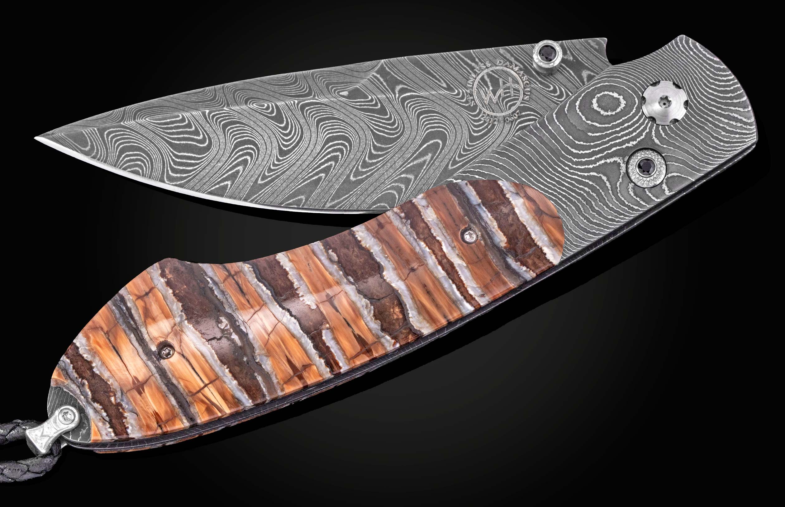 Folding knife with a swirling Damascus steel blade and a layered brown, orange, and white handle with silver accents.