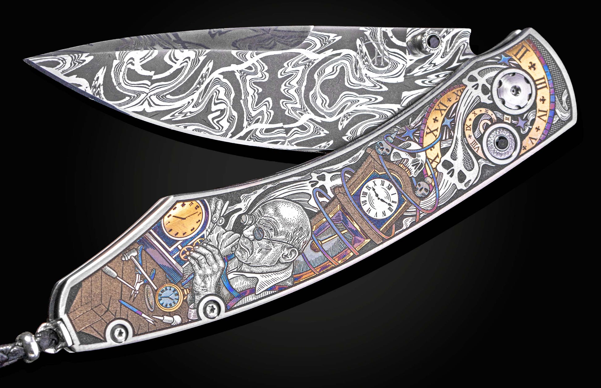 Decorative knife with intricate designs on a black background