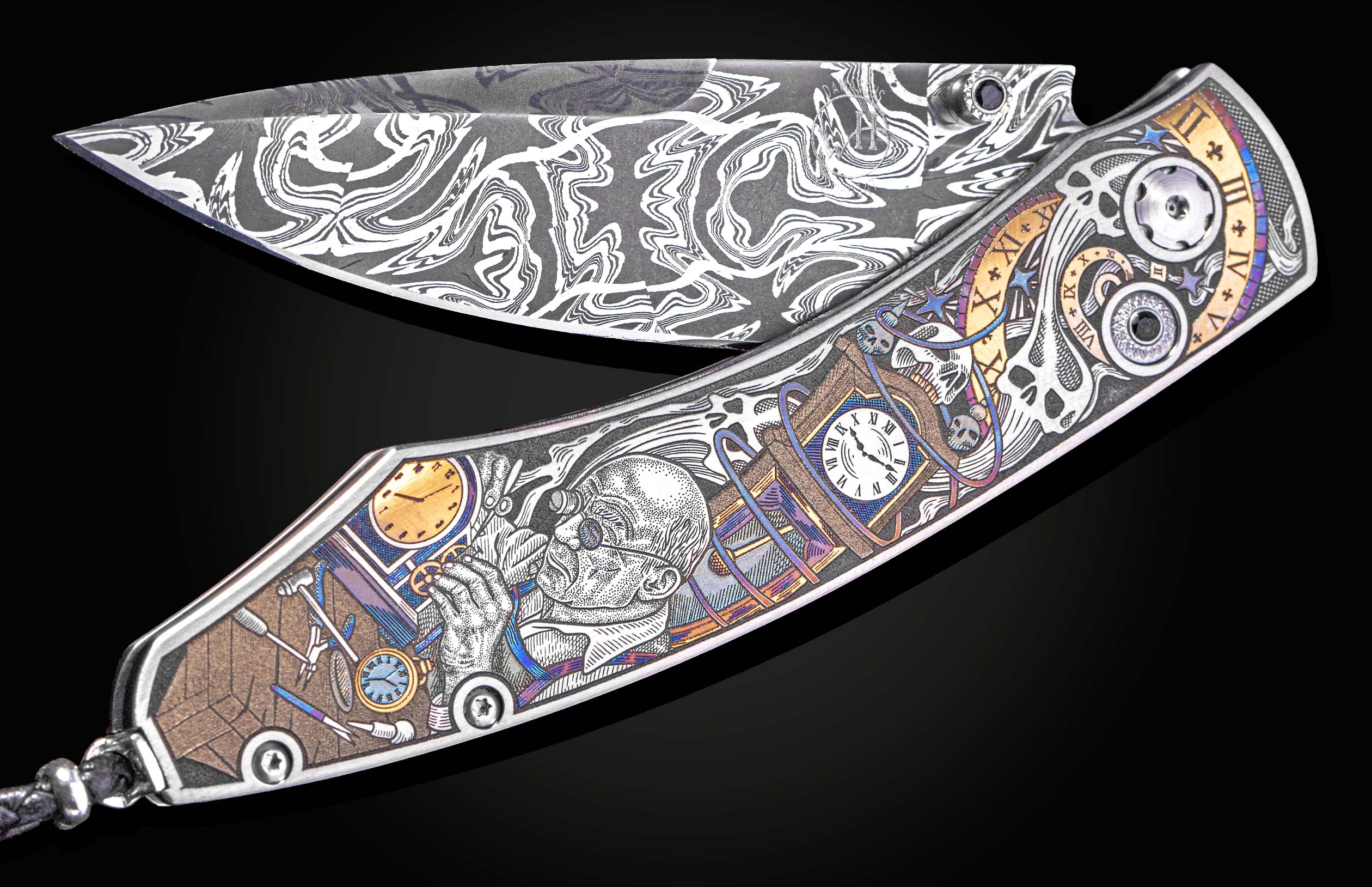 Decorative knife with intricate designs on a black background