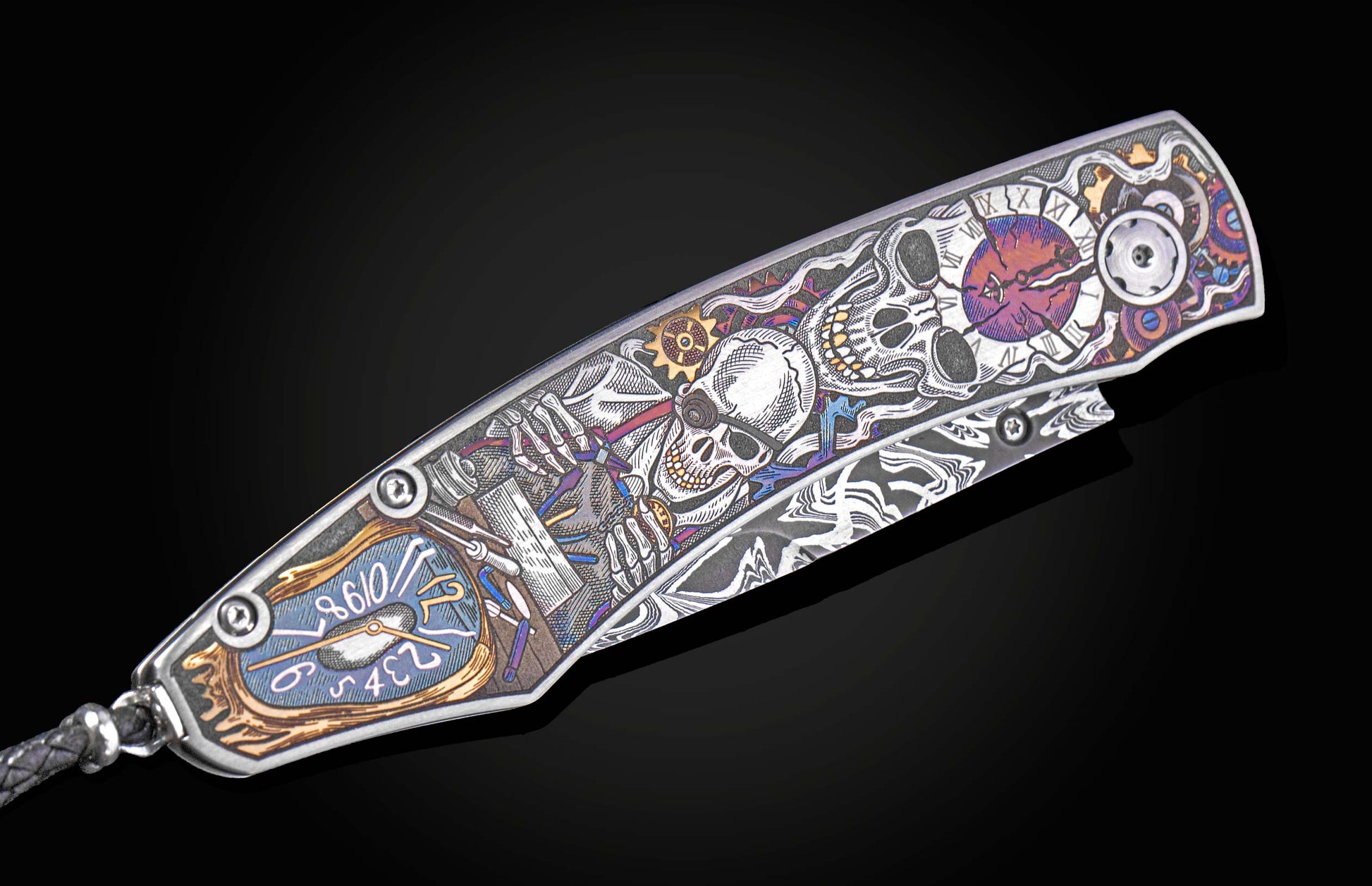Decorative knife with intricate designs on a black background