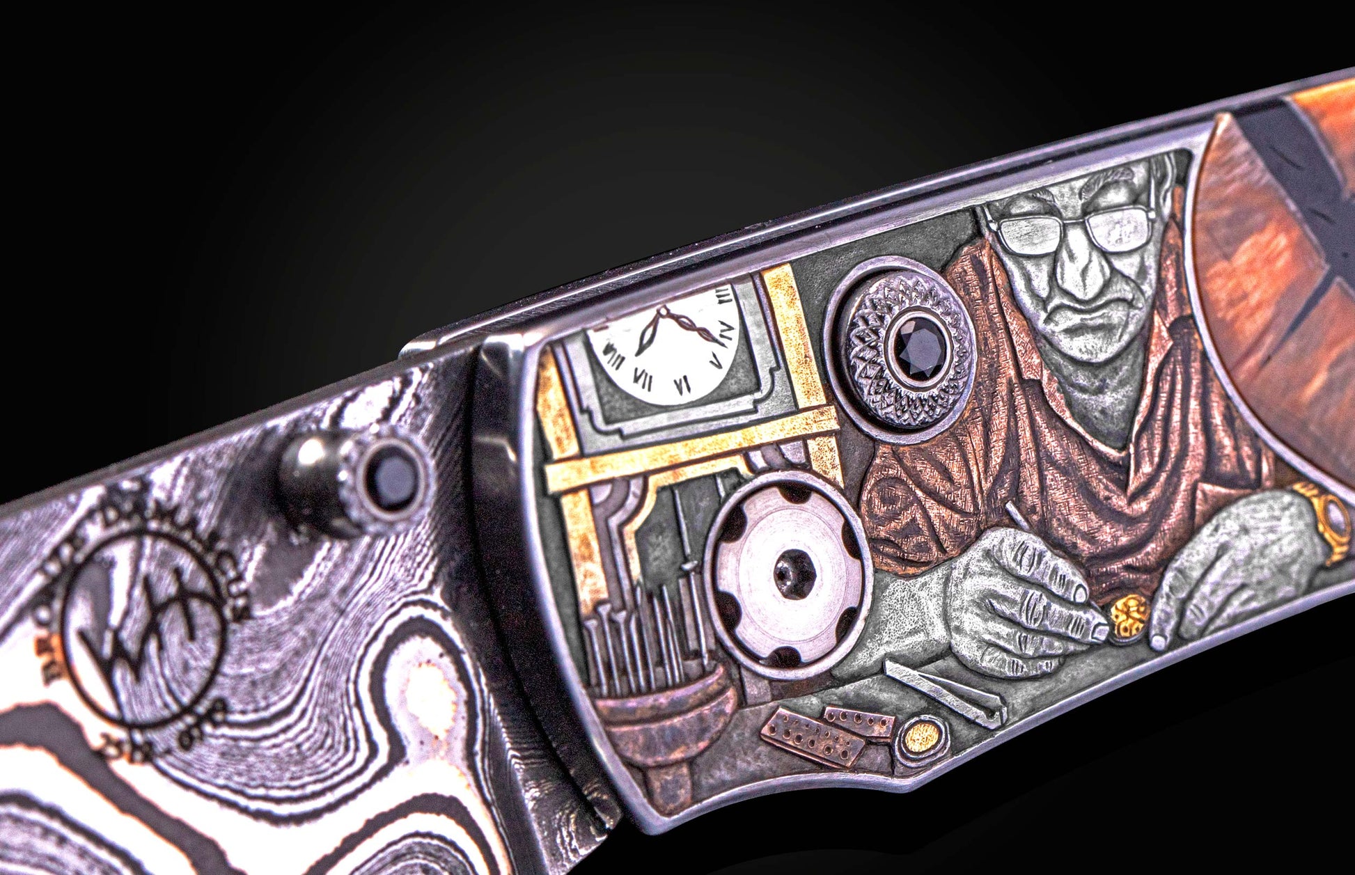 William Henry knife with woolly mammoth tusk, hand engraving, and damascus steel blade.