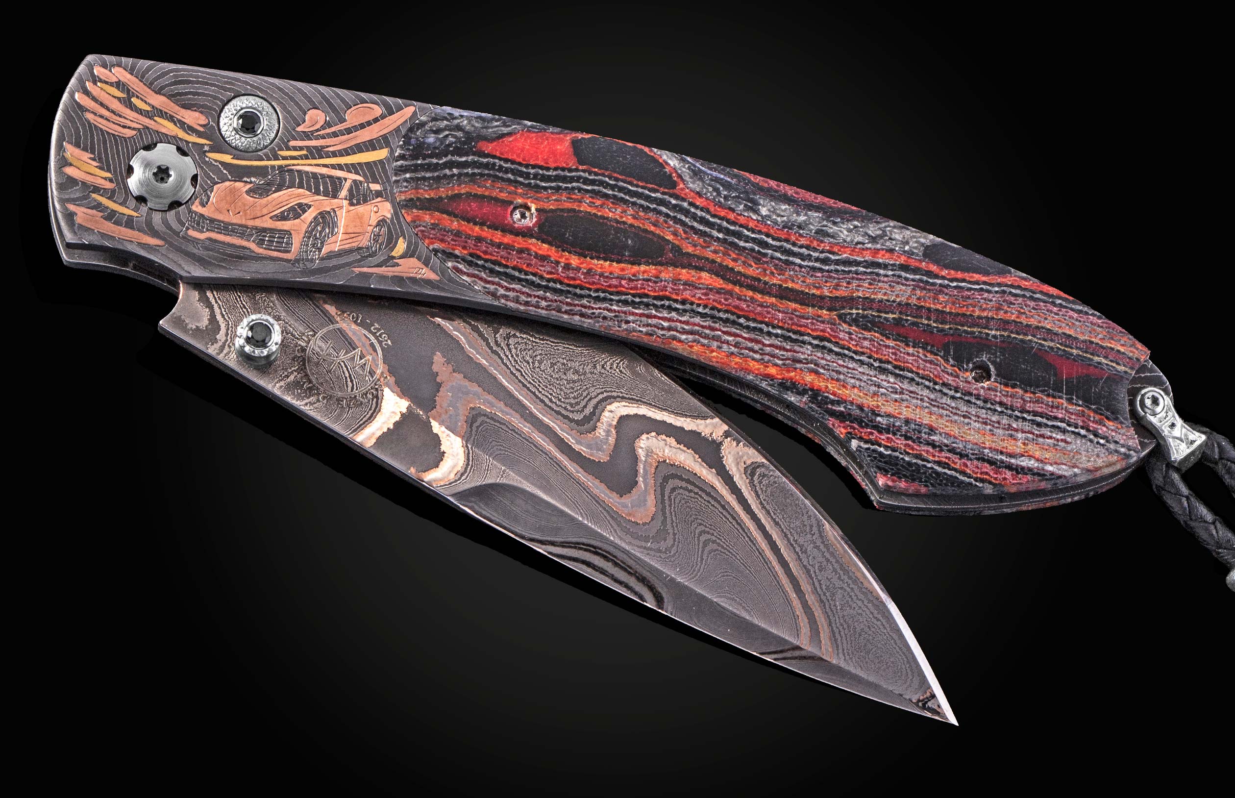 Luxury folding knife with damascus steel blade and red-black striped handle, featuring engraved sports car design on frame, side view