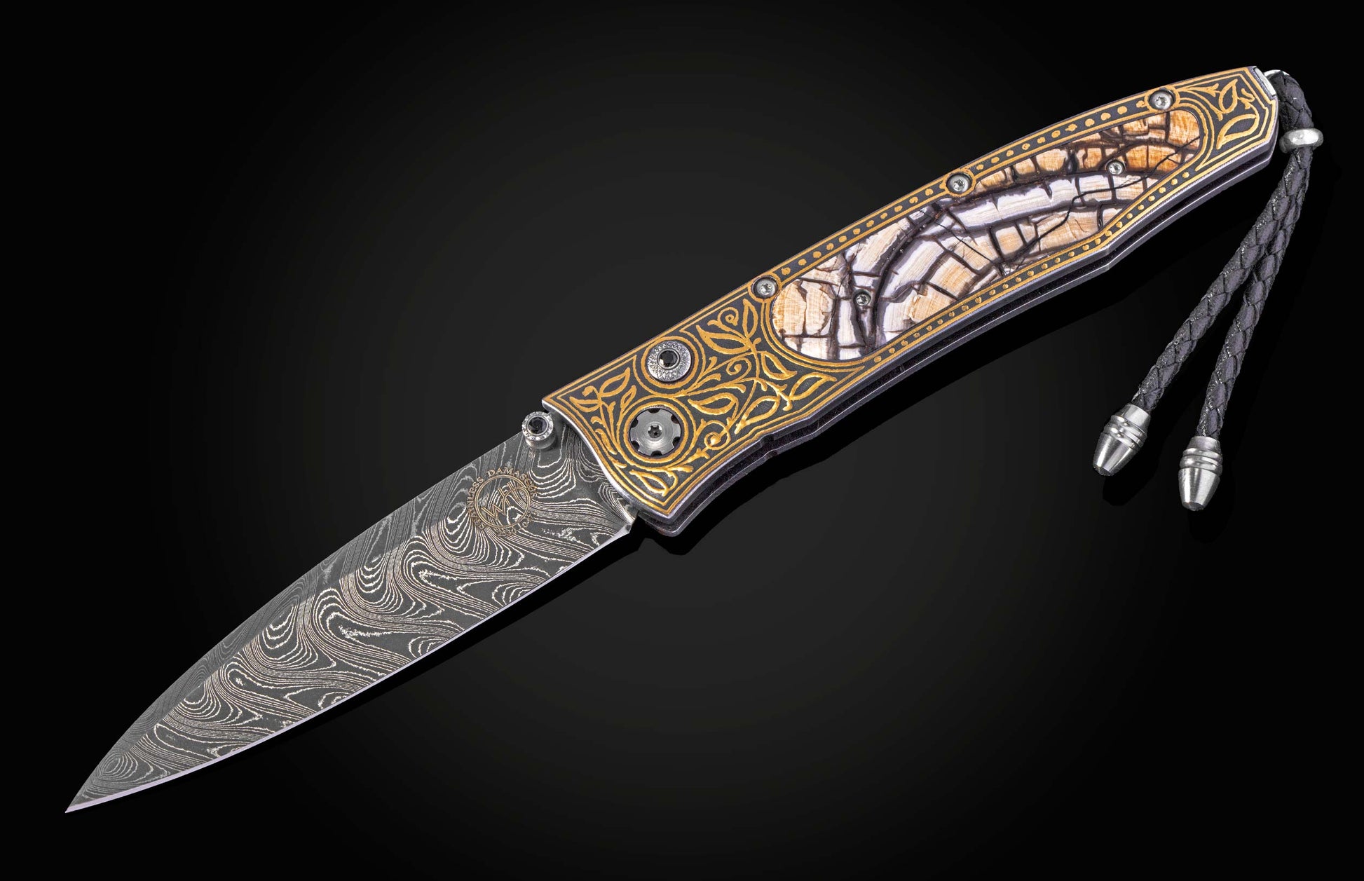William Henry folding knife with gold koftgari designs, fossil wooly mammoth tusk, and damascus steel blade