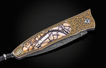 William Henry folding knife with gold koftgari designs, fossil wooly mammoth tusk, and damascus steel blade