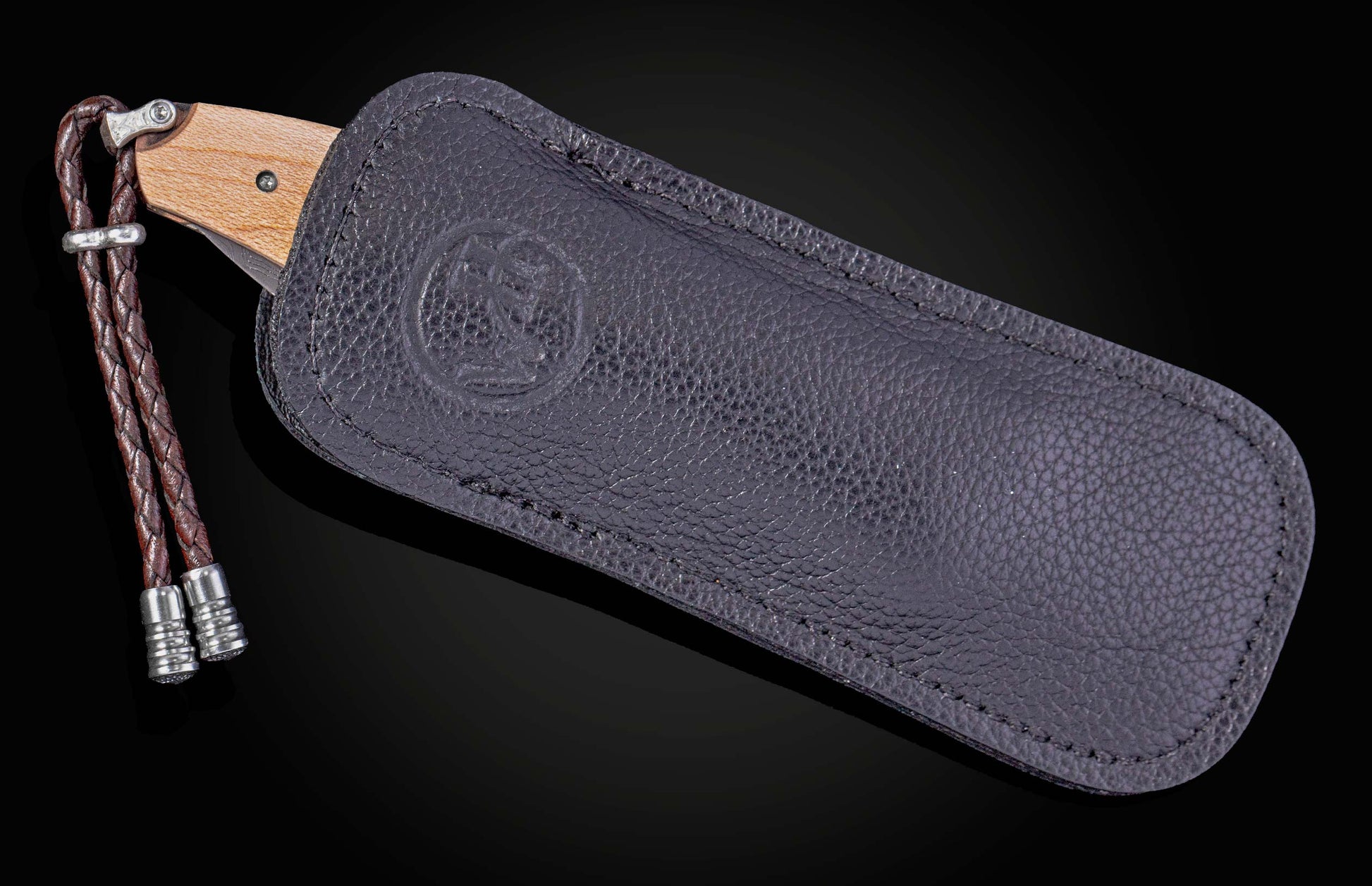 William Henry knife with wood from Yankee Stadium, Mokume Gane frame, and damascus blade