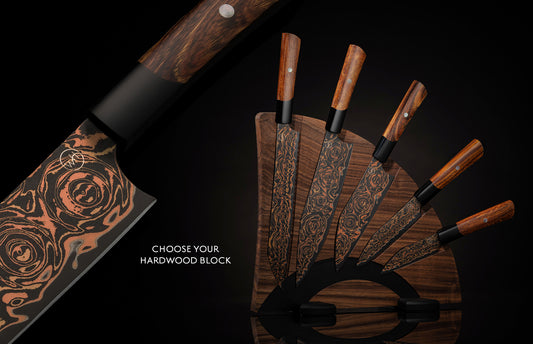 Set of chef knives with black and copper flare pattern blades and wooden handles, presented in a dark wood block.