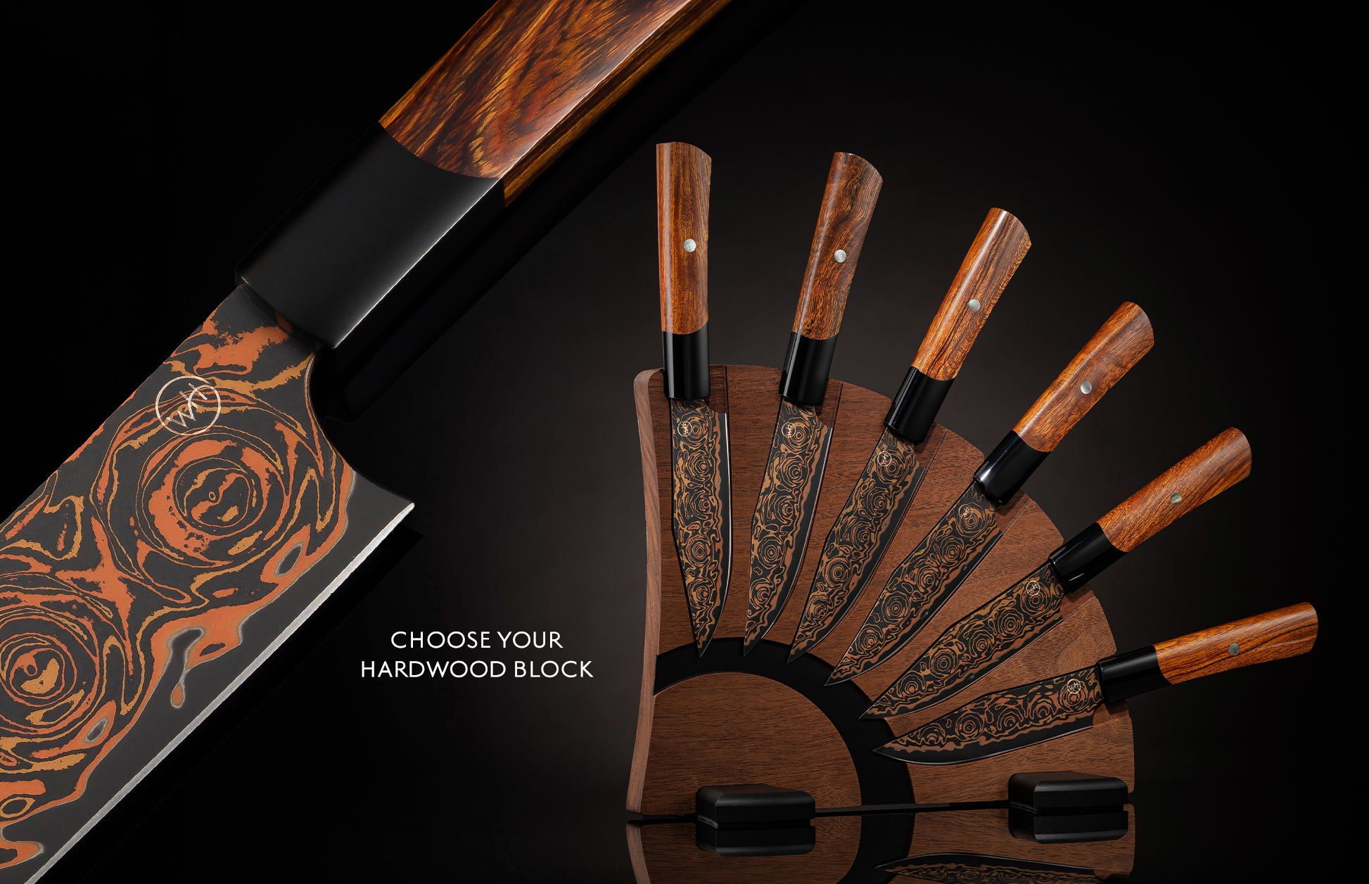 Black Flare steak knife set with orange patterned blades and wooden handles, displayed in a dark hardwood block.