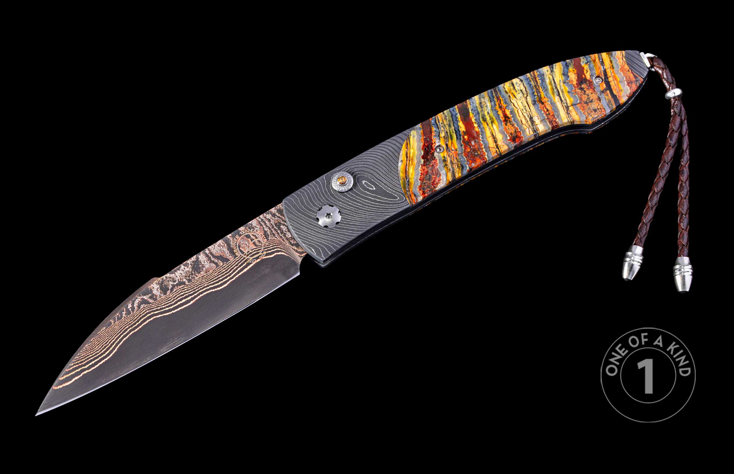 Automatic folding knife with a patterned Damascus steel blade, a vibrant multicolored handle, and a brown braided leather lanyard.