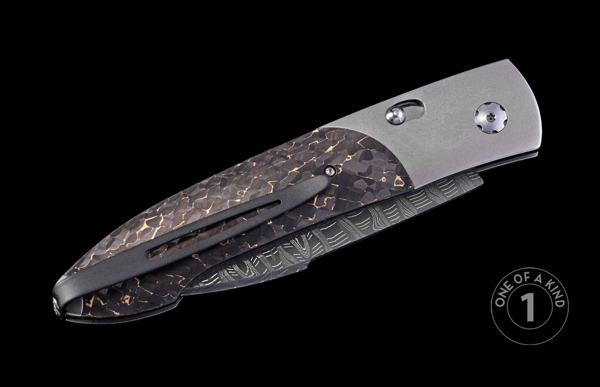 Closed automatic folding knife with textured dark brown handle featuring golden cracks, silver bolster, and patterned Damascus blade, angled side view.