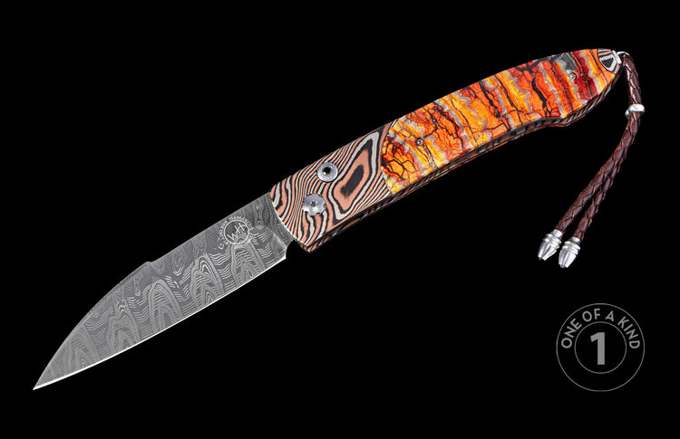 Open automatic knife with a Damascus blade and handle featuring wavy brown and vibrant orange cracked patterns, finished with a brown leather lanyard.