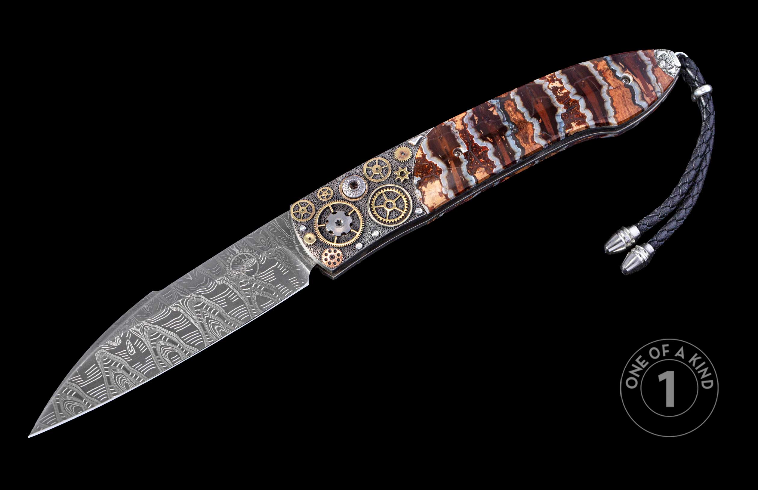 Folding knife with patterned Damascus blade, geared bolster, striped stone handle, and braided leather lanyard.