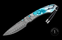 Damascus steel knife with turquoise inlay handle, ornate silver guard, and braided lanyard, one of a kind, side view